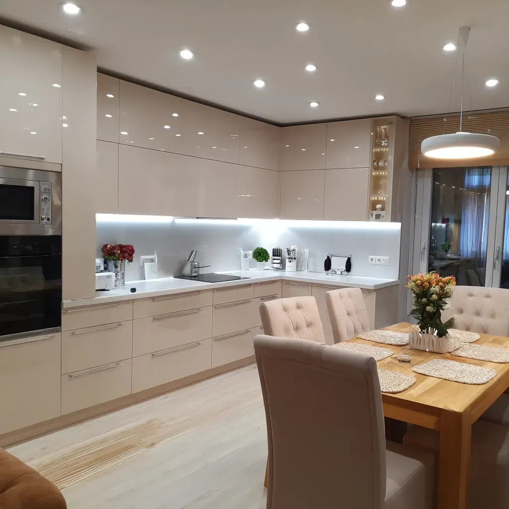 Bucătărie la comandă bej lucios cu zonă de dining și iluminare integrată