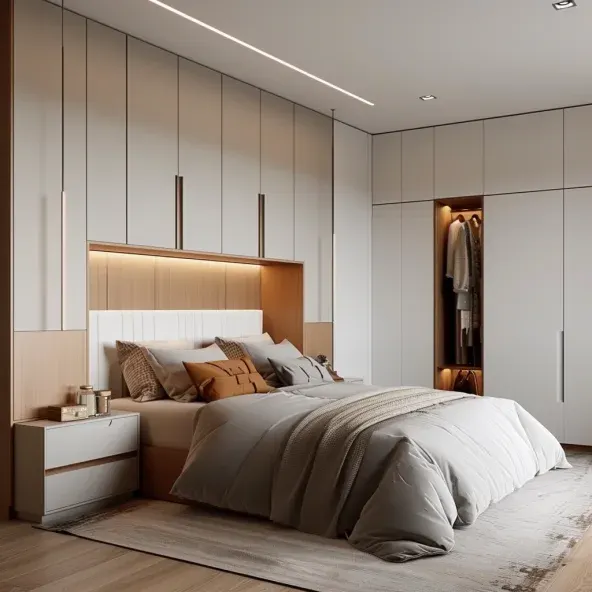 Mobilier dormitor minimalist cu dulapuri înalte și tăblie din lemn